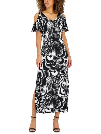 Shop Connected Apparel Petites Womens Printed Cold-shoulder Maxi Dress In Black