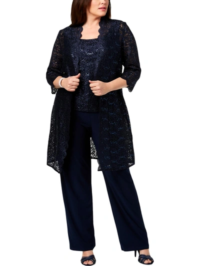 Shop R & M Richards Plus Womens Sequined Lace Pant Suit In Blue