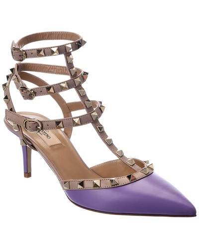 Shop Valentino Rockstud Caged 65 Leather Ankle Strap Pump In Purple