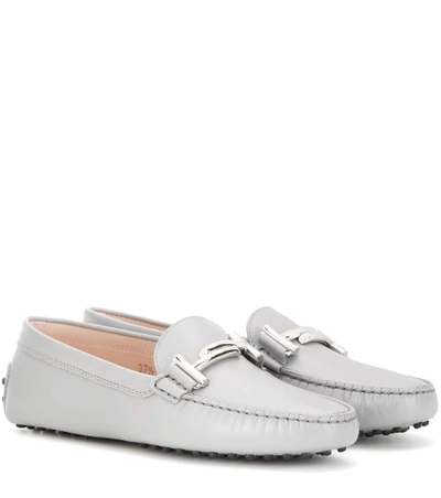 Tod's Gommino Double T Embellished Leather Loafers In Light Grey