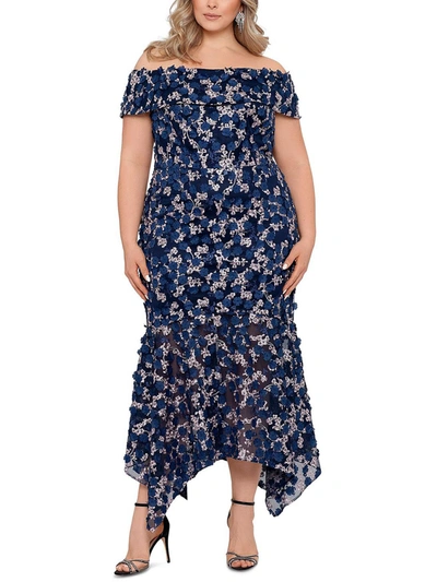 Shop Xscape Plus Womens Floral Off-the-shoulder Evening Dress In Blue
