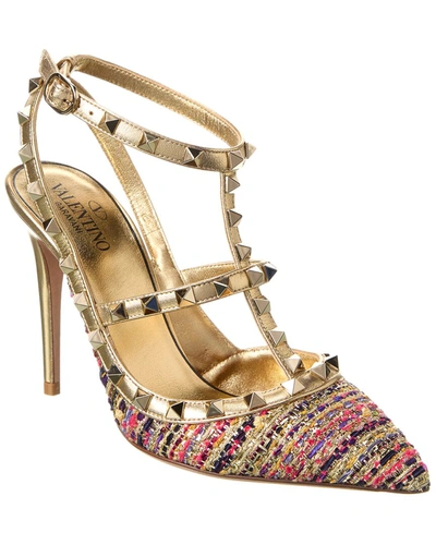 Shop Valentino Rockstud Caged 100 Tweed & Leather Pump In Gold