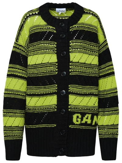 Shop Ganni Yellow And Black Wool Cardigan In Multicolor
