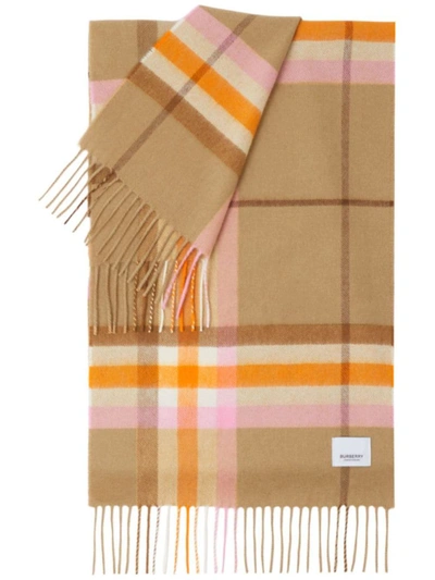 Shop Burberry Check Motif Cashmere Scarf In Beige