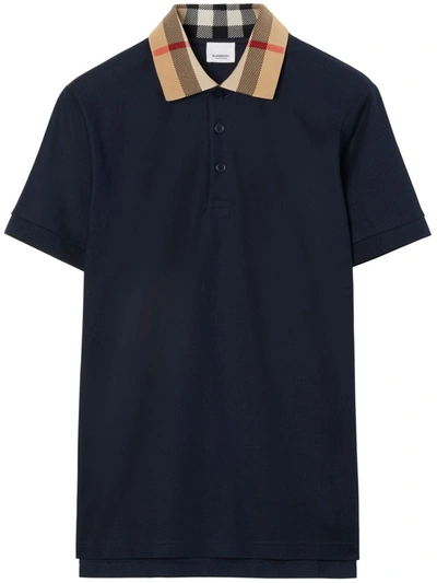 Shop Burberry Check Motif Cotton Polo Shirt In Blue