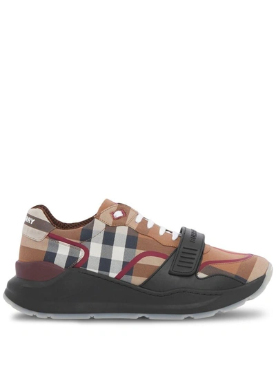 Shop Burberry Check Motif Cotton Sneakers In Brown