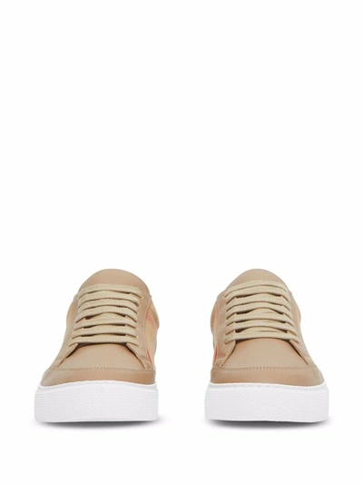 Shop Burberry Check Motif Leather Sneakers In Beige