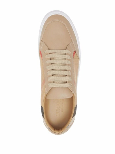 Shop Burberry Check Motif Leather Sneakers In Beige