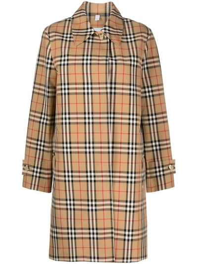 Burberry Tan Check Trench Coat In Beige