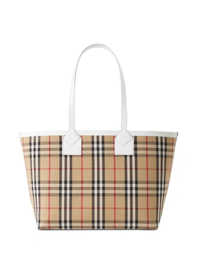 Shop Burberry Check Motif Small Tote Bag In Beige