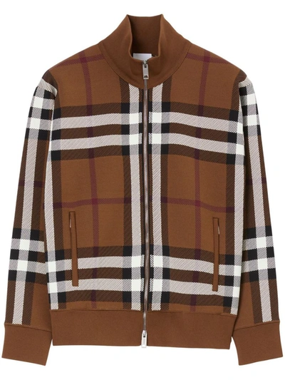 Shop Burberry Check Motif Zipped Jacket In Brown