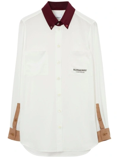 Shop Burberry Logo Silk Shirt In White