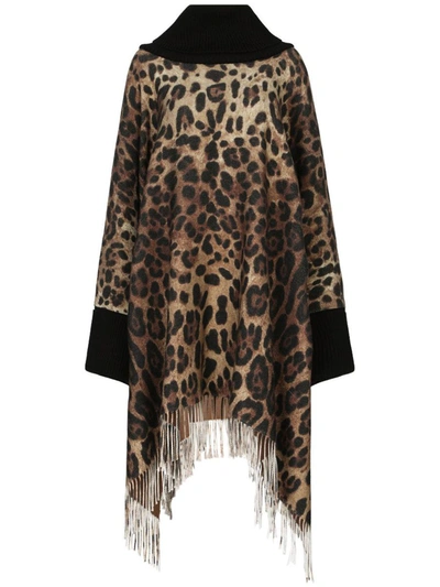 Shop Dolce & Gabbana Leopard Print Wool And Silk Blend Cape In Brown