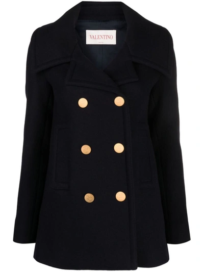 Shop Valentino Wool Double-breasted Coat In Blue