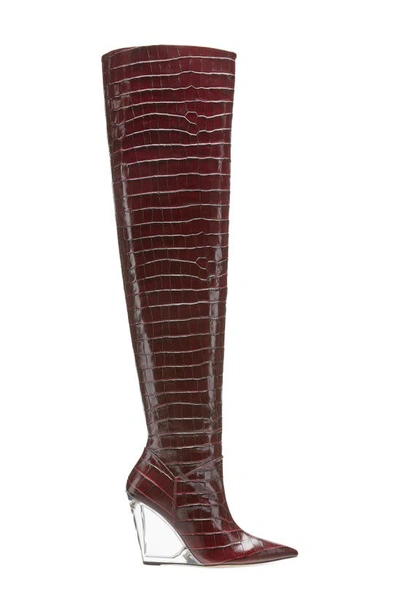 Stuart Weitzman Women's Croc Embossed Over The Knee Lucite Wedge Heel Boots In Plum