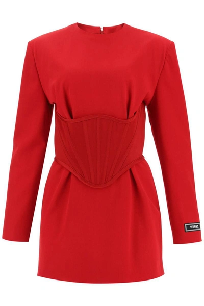 Shop Versace Mini Wool Dress With Bustier Detail In Red