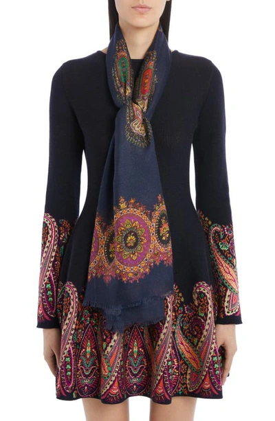 Shop Etro Paisley Wool, Cashmere & Silk Scarf In Navy