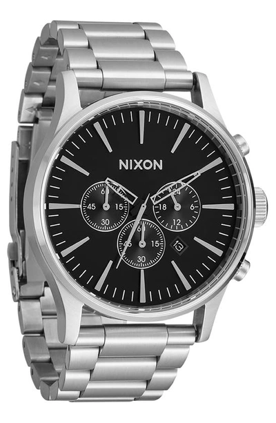Shop Nixon Sentry Chronograph Bracelet Watch, 42mm In Black/silver