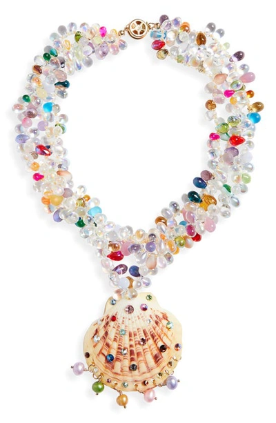 Shop Isshi Salacia Shell Pendant Beaded Necklace In Beige Multi