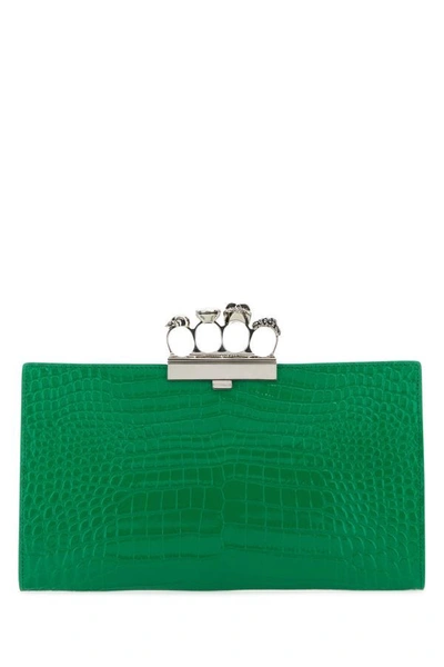 Shop Alexander Mcqueen Woman Grass Green Leather Four-ring Clutch