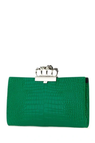 Shop Alexander Mcqueen Woman Grass Green Leather Four-ring Clutch