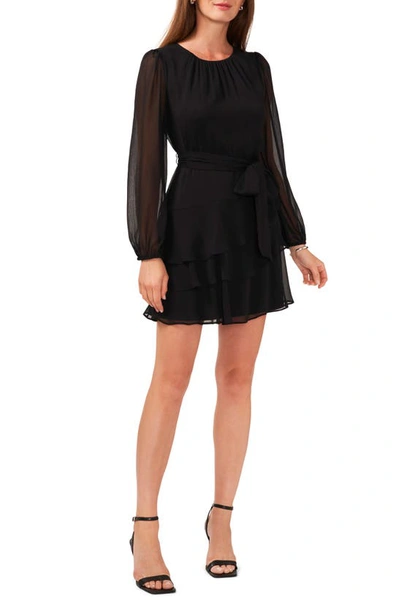 Shop Halogen (r) Asymmetric Ruffle Belted Long Sleeve Minidress In Rich Black