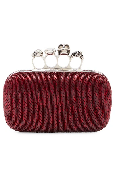 Shop Alexander Mcqueen Skull Crystal Embellished Four-ring Box Clutch In Red