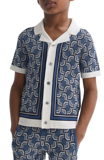 Shop Reiss Kids' Lotus Jr. Jacquard Short Sleeve Button-up Knit Shirt In Blue Print