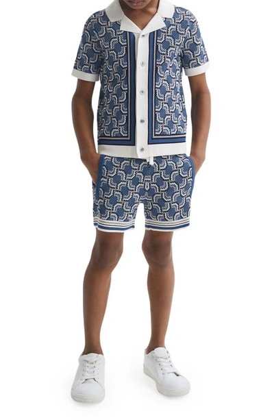 Shop Reiss Kids' Lotus Jr. Jacquard Short Sleeve Button-up Knit Shirt In Blue Print