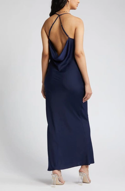 Shop Open Edit Cowl Back Satin Nightgown In Navy Peacoat
