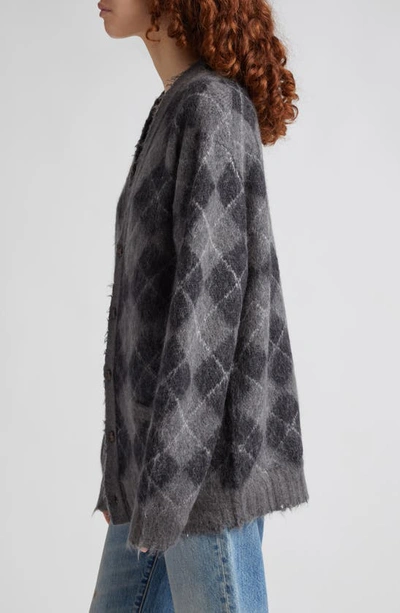 Shop R13 Distressed Argyle Oversize Merino Wool & Mohair Blend Cardigan In Charcoal W/ Black Argyle Plaid