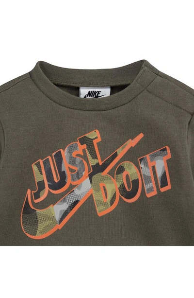 Shop Nike Just Do It Camo Fleece Sweatshirt & Joggers Set In Medium Olive