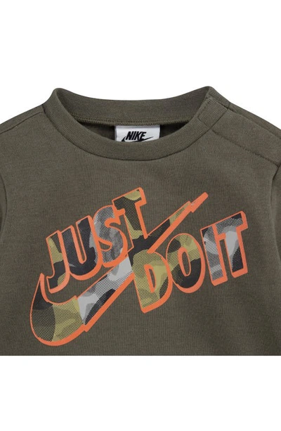 Nike Just Do It Camo Fleece Sweatshirt & Joggers Set In Medium Olive
