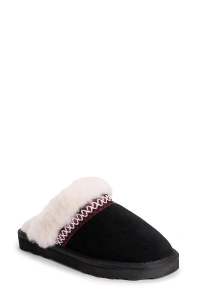 Muk Luks Dawn Suede Scuff Slipper With Genuine Shearling Trim In Ebony