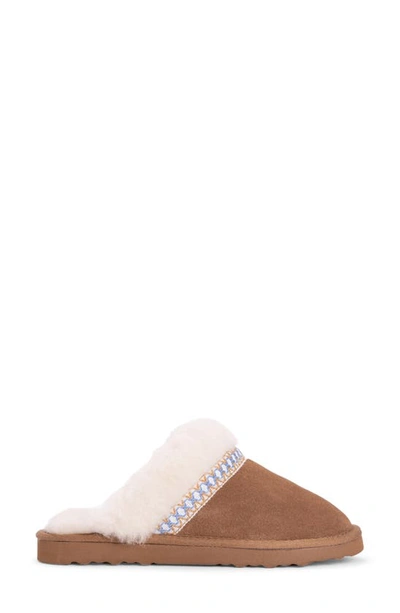 Muk Luks Dawn Suede Scuff Slipper With Genuine Shearling Trim In Caramel