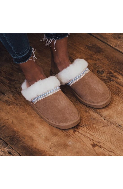 Muk Luks Dawn Suede Scuff Slipper With Genuine Shearling Trim In Caramel