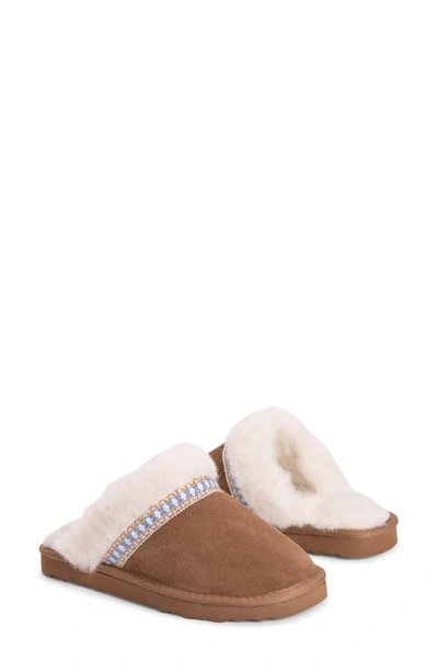 Muk Luks Dawn Suede Scuff Slipper With Genuine Shearling Trim In Caramel