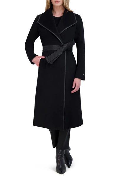 Tahari Juliette Womens Wool Blend Faux Leather Trim Wool Coat In Black