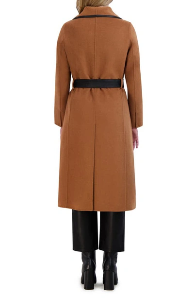 Tahari Juliette Womens Wool Blend Faux Leather Trim Wool Coat In Camel