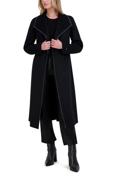 Tahari Juliette Womens Wool Blend Faux Leather Trim Wool Coat In Black