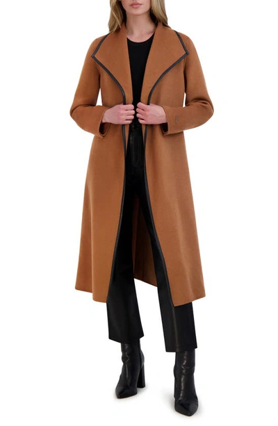 Tahari Juliette Womens Wool Blend Faux Leather Trim Wool Coat In Camel
