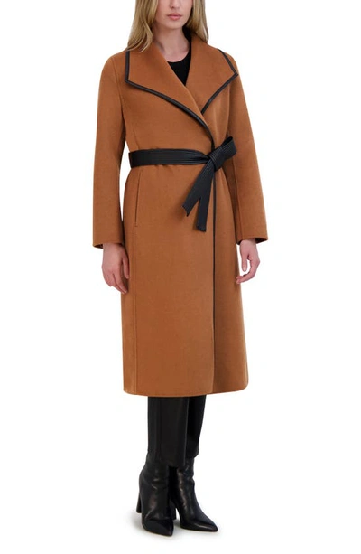 Tahari Juliette Womens Wool Blend Faux Leather Trim Wool Coat In Camel