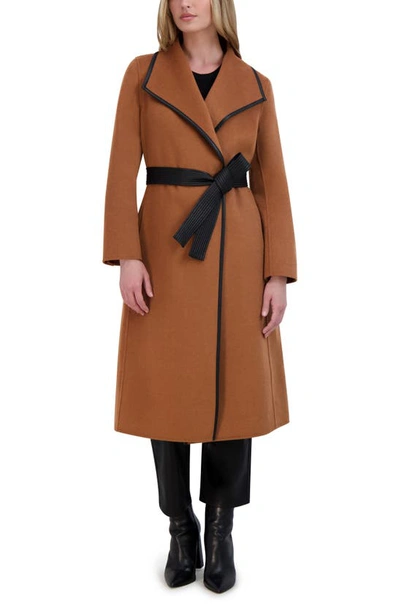 Tahari Juliette Womens Wool Blend Faux Leather Trim Wool Coat In Camel