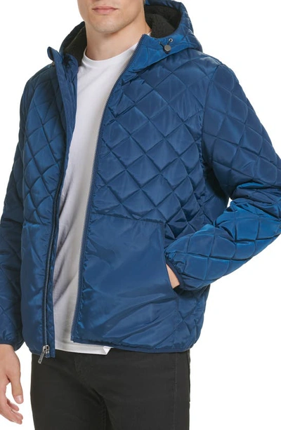 Kenneth Cole New York Faux Shearling Lined Hood Quilted Puffer Jacket In Marine