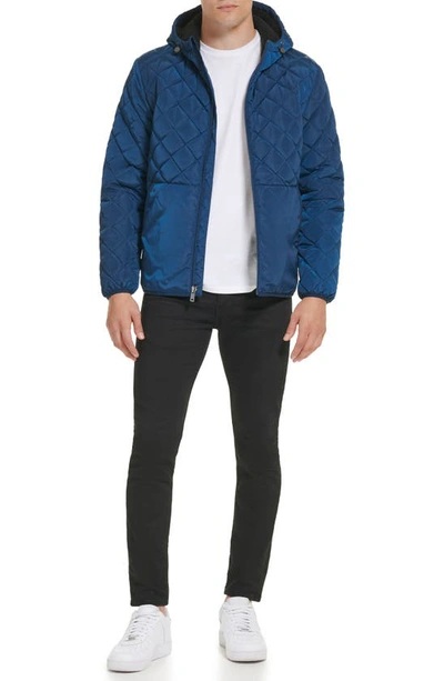 Kenneth Cole New York Faux Shearling Lined Hood Quilted Puffer Jacket In Marine