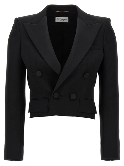 Shop Saint Laurent 'cropped Tuxedo' Blazer In Black