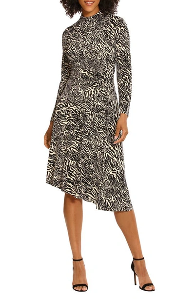 Shop Maggy London Asymmetric Mock Neck Long Sleeve Knit Dress In Charcoal/ Cream