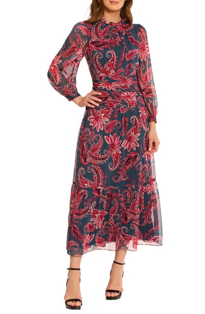 Shop Maggy London Paisley Gathered Waist Long Sleeve Chiffon Maxi Dress In Slate/ Cherry Blossom