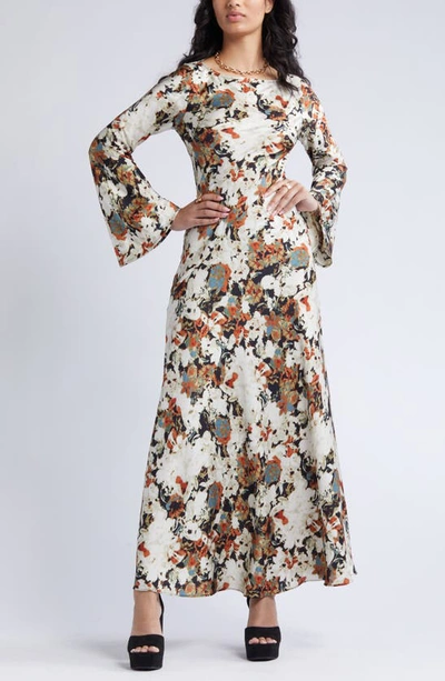 Shop Open Edit Cutout Long Sleeve Woven Maxi Dress In Multi Exclusion Floral