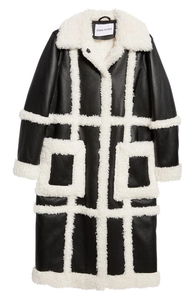 Shop Stand Studio Patrice Long Faux Shearling Coat In Black/ Off White